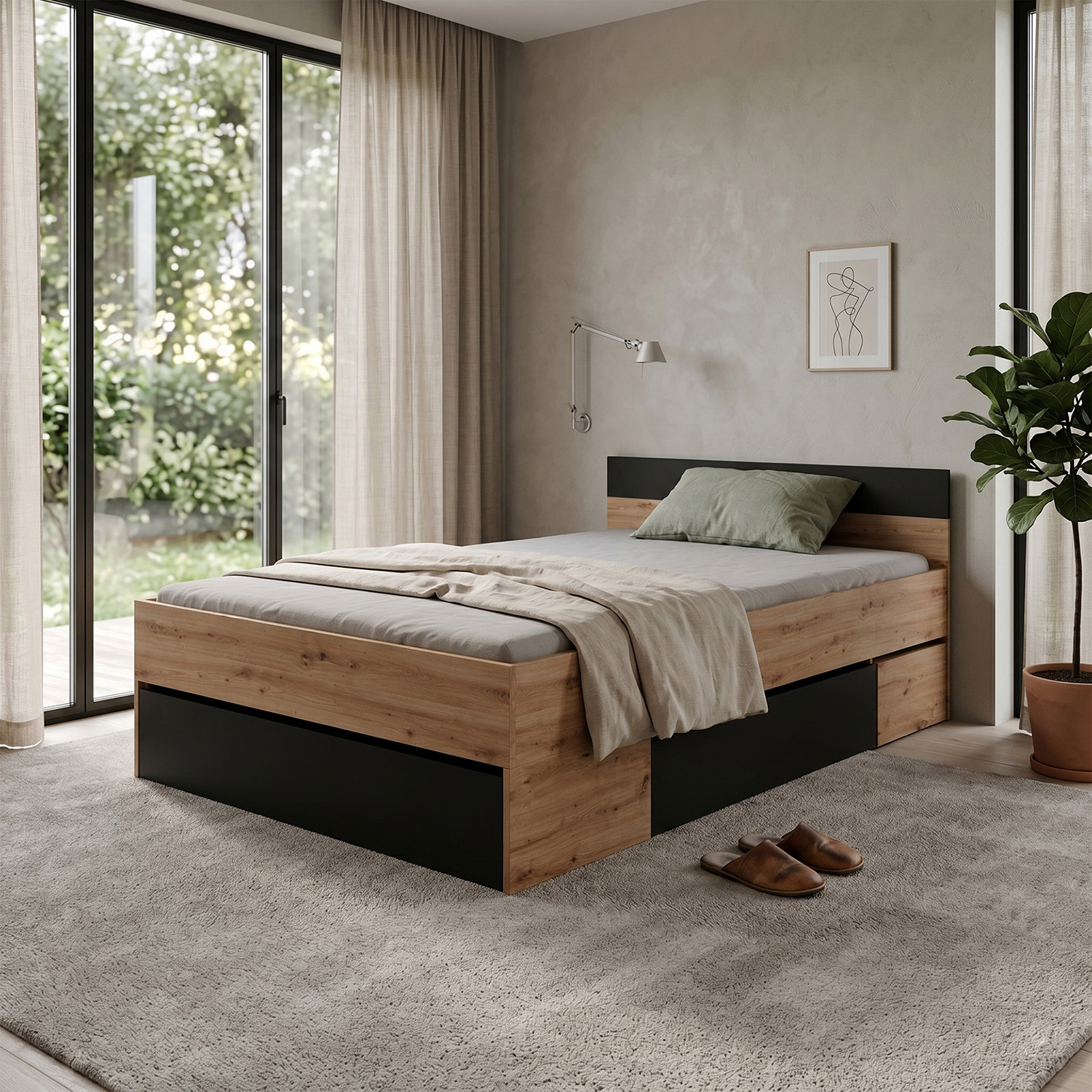 Multifunkční postel 140x200 COMBI dub Artisan/černá